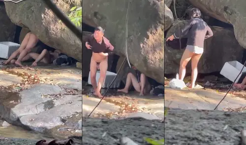 Đi phượt cặp đôi tranh thủ chịch trong hang đá bên bờ suối